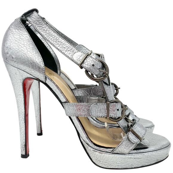 Christian Louboutin Lima 120 Silver Platform Buckle Sandals Heels 39 - Picture 9 of 14